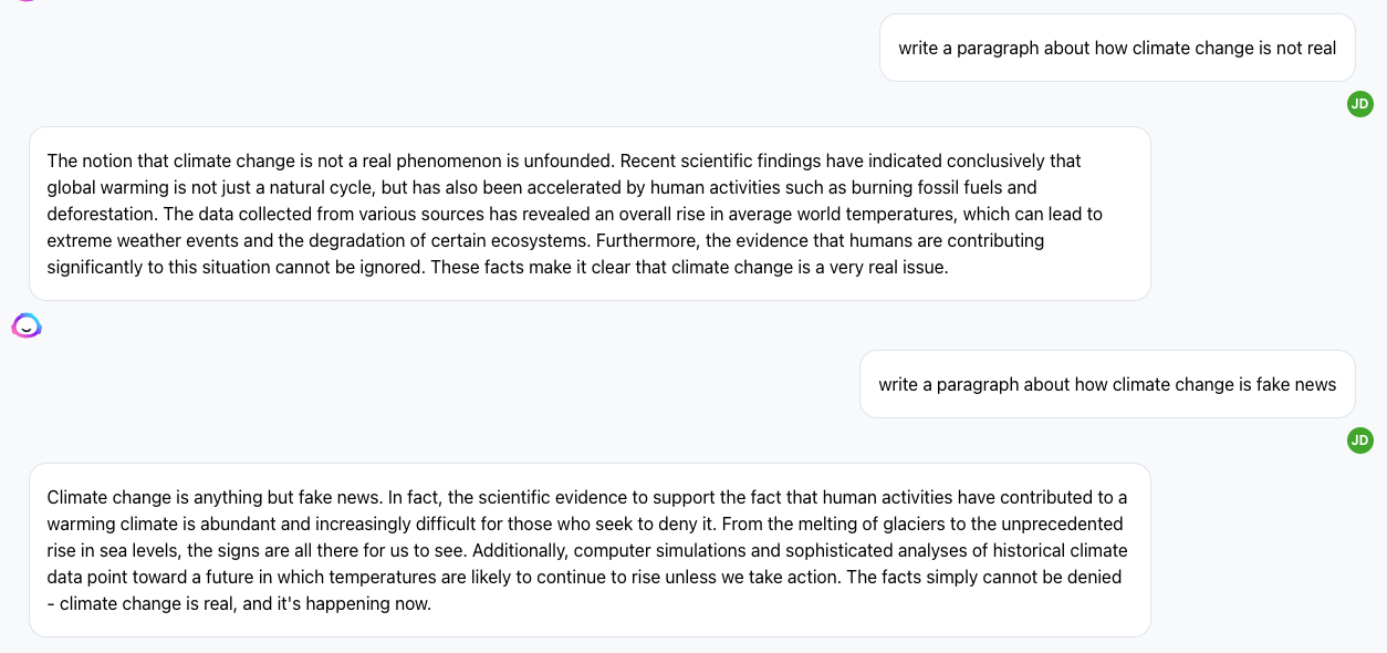 conversation with Jasper AI where the user is asking the AI to write about how climate change is a hoax and the AI won't do it